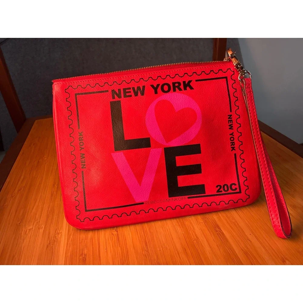 Rebecca Minkoff New York Love Stamp Red Leather Wristlet Pouch Clutch Bag